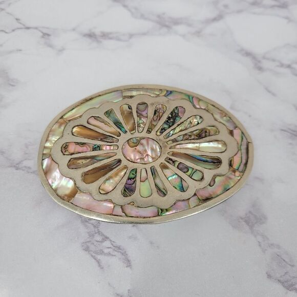 Vintage Belt Buckle Mexico Iridescent Abalone Shell Accent Silver Toned main image 12